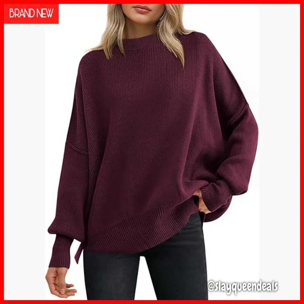 Oversized Batwing Sweater, Crewneck Pullover, Side Slit, Knit Top